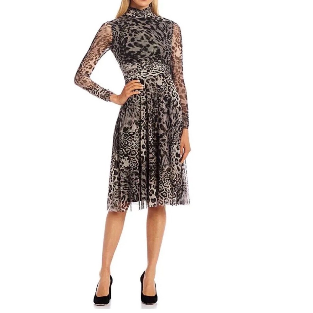 Eliza J Leopard Print Long Sleeve Ruched Mock‎ Neck Bodycon Dress Midi Sz 8 M